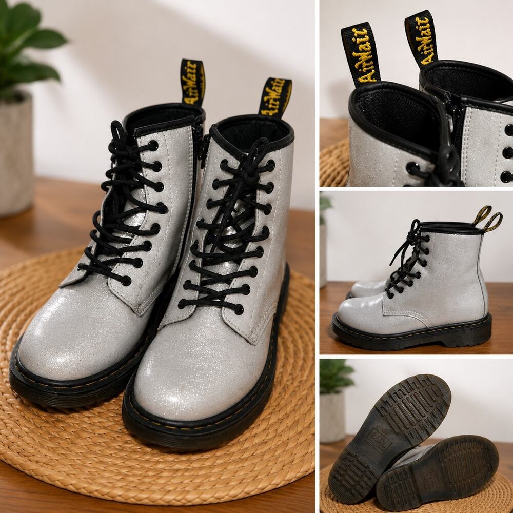 Dr. Doc Martens 1460 Combat Boots Glitter Silver, Kids Size 6 US EUC